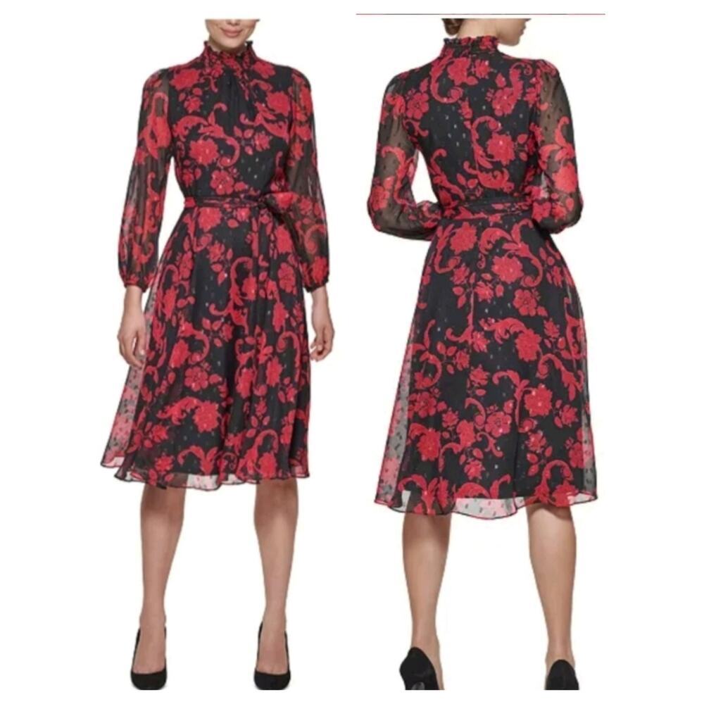 3423)Jessica Howard Black Red Floral Ruffle Neck Long Sleeve Midi Dress Plus 22W